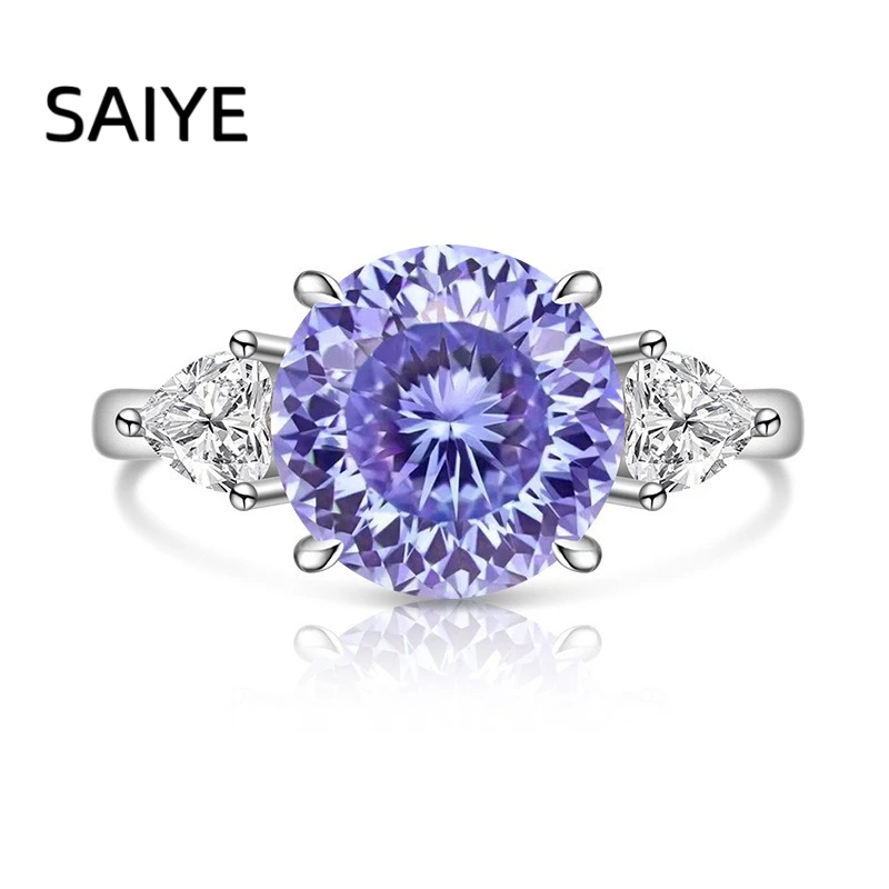 925 Sterling Silver Three Stone Ring for Women Round Color Cubic Zirconia with Heart Side Stones Wedding Fine Jewelry Gift