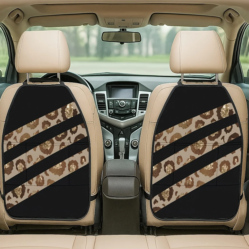 2pcs Leopard Golden Foil Stripe Theme Car Seat Kick Mats, Fashionable Car Seat Rear Kick Pads, Easy To Install, Storage Protecti