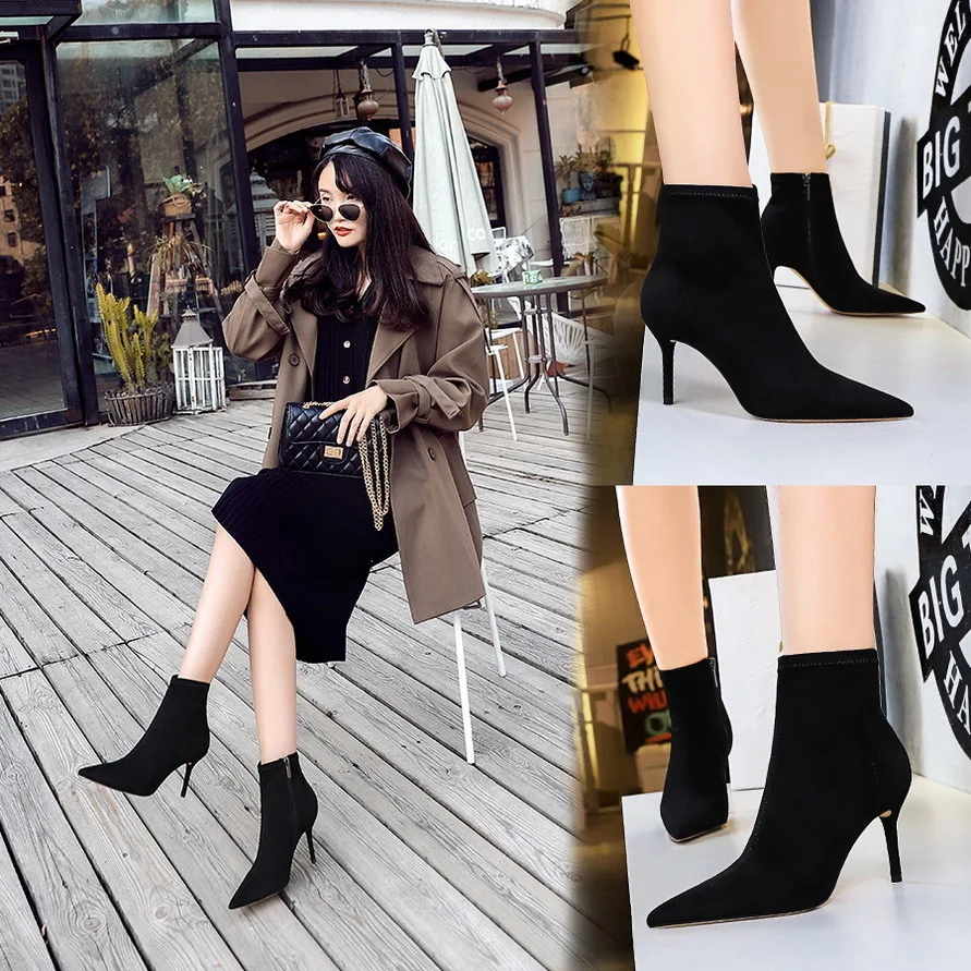 

Style Fashion Simple Slim High-heeled Suede Pointed Sexy Nightclub Slimming Short Women Ladies Shoes Pumps Nude Boots High Heels