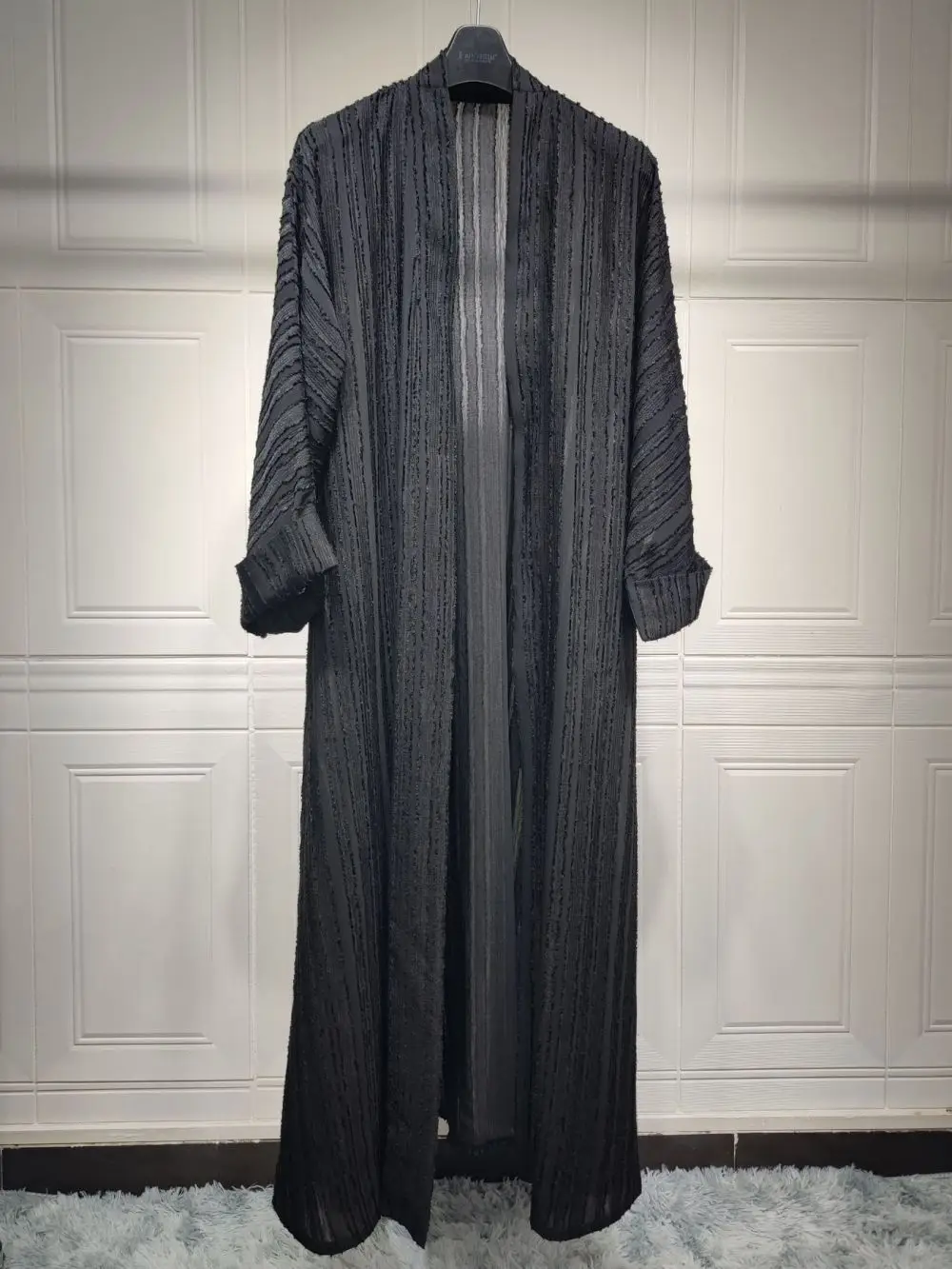 Muslim Open Kimono Abaya Striped Retro Ethnic Cardigan Robe Dubai Middle Eastern Saudi Arabia Eid Clothes Black