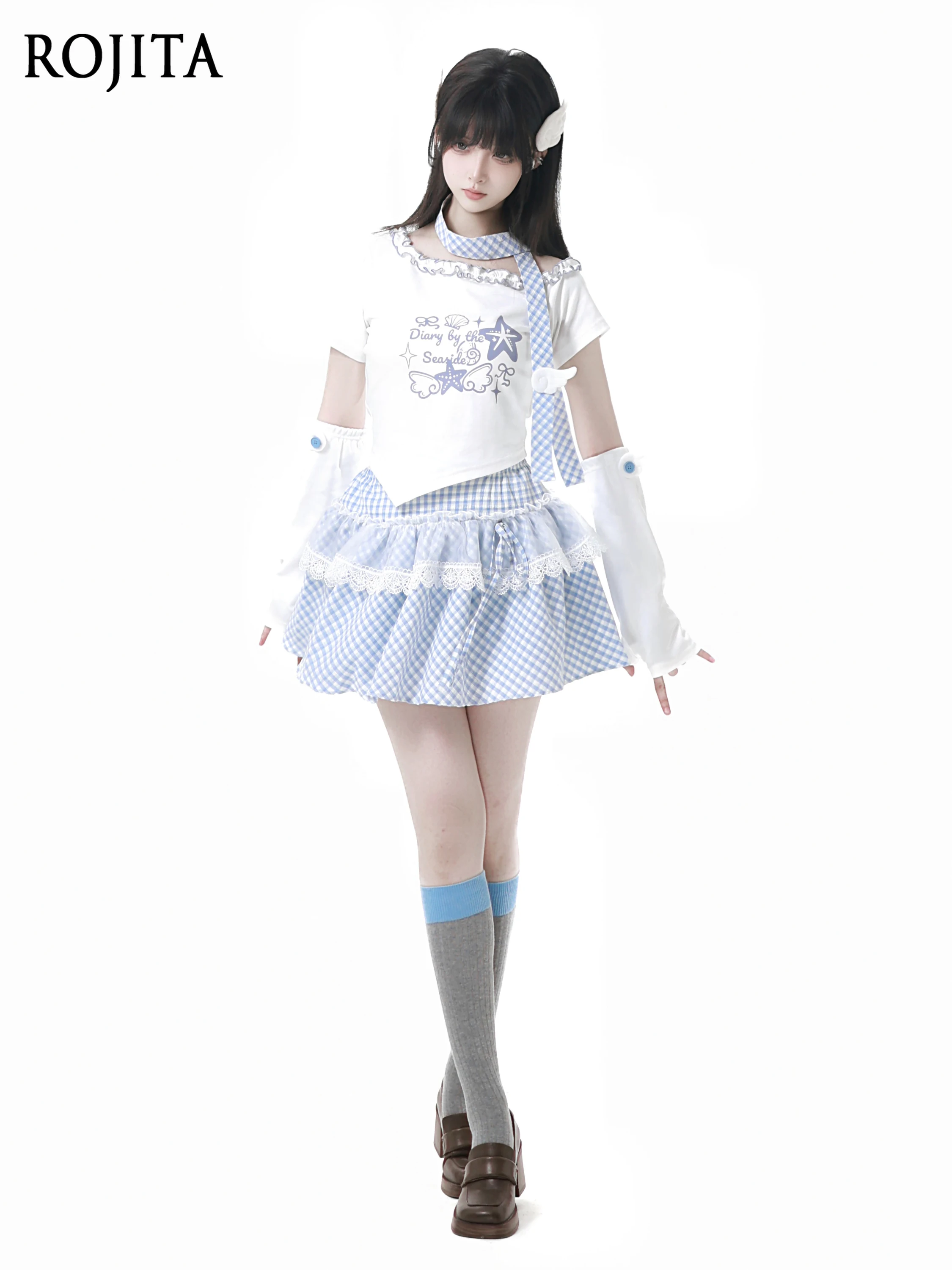 

Pink Blue Dreamy Playful Top Slim Fit Youthful T-Shirt Women Lace Patchwork Plaid Short Skirt Sets Kawaii Clothes Crop Top