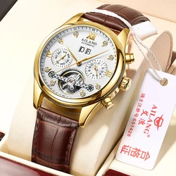 AILANG Top Brand Luxury Tourbillon Mechanical Watches Men Watch Luminous Weekly Calendar Display Gold Plated Dial 30M Waterproof