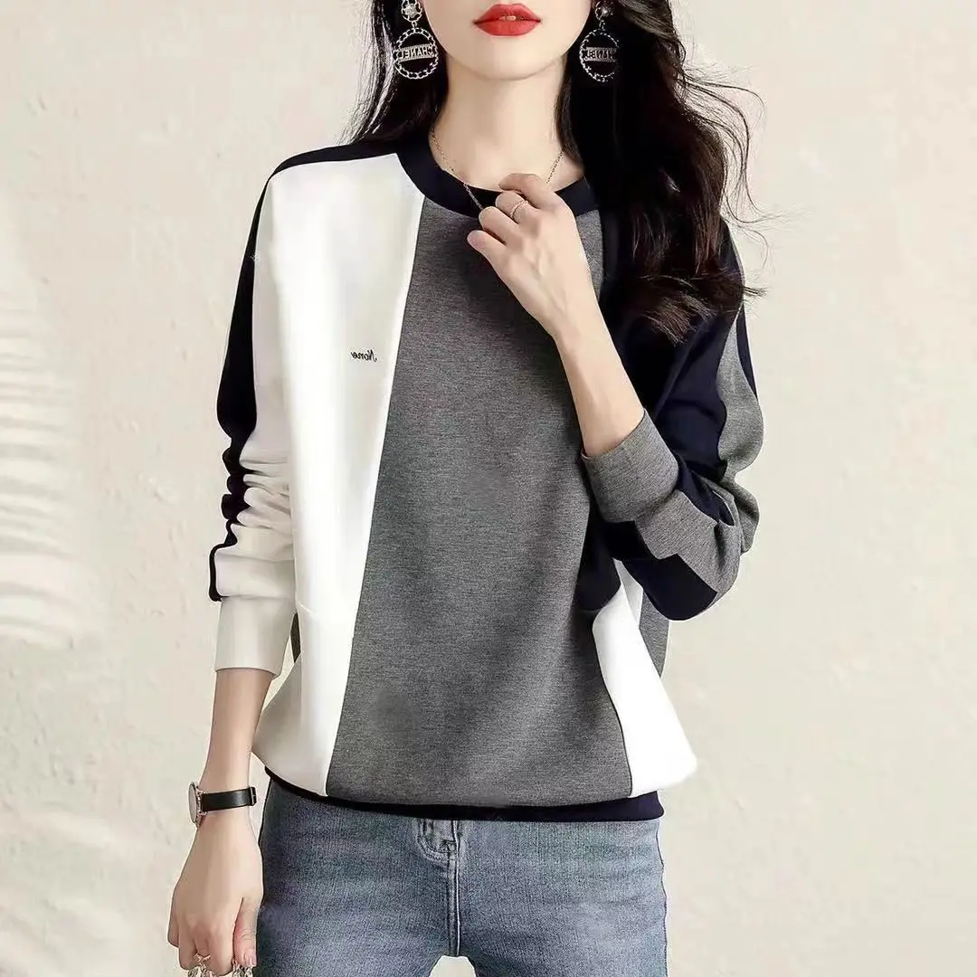 Women Early Autumn New Round Neck Pullover Fashion Retro Contrasting Splicing Fleece Warm Casual and Versatile Long Sleeved Tops