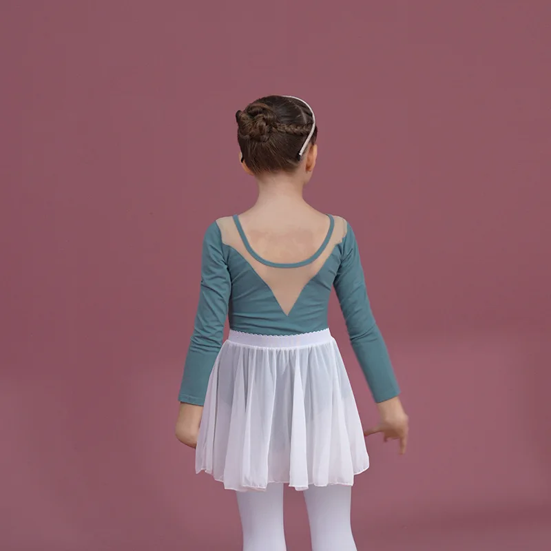 키즈 소녀 체조 레오타드 Bailarina Dancewear 의상 전면 및 후면 V 자형 탄성 메쉬 댄스 발레 어린이 공연