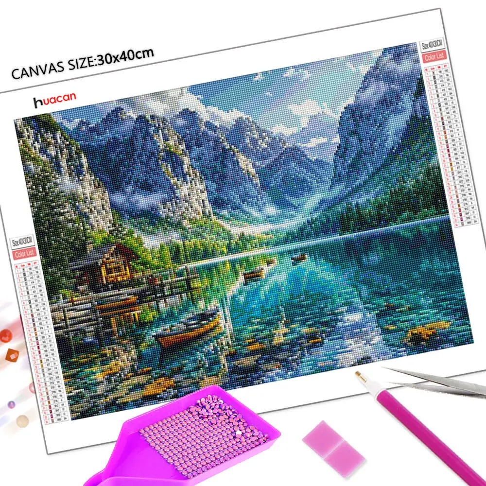 Huacan المشهد الماس اللوحة بحيرة الجبل 5D فسيفساء الفن التطريز مجموعة جديدة 2025 ديكور المنزل