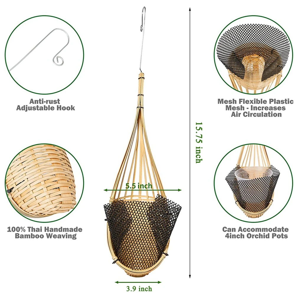 Fioriera da appendere all'orchidea cestino per orchidee appeso da 4 pollici con gancio in metallo cesto per orchidee appeso in tessuto di bambù tailandese fatto a mano