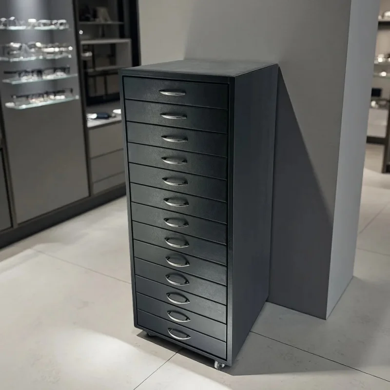 custom.PU 156 192 Eyeglasses Exhibition Display Sunglasses Storage Cabinet 12/16 Floor Drawer Trays Box with Wheel