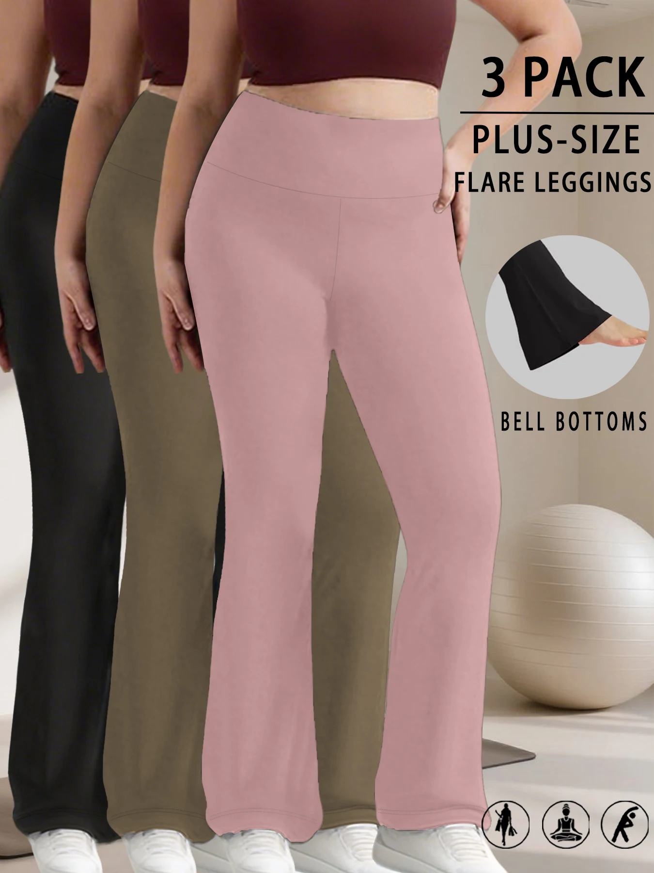 3 Pack Plus Size Ladies high-rise flared yoga trousers with leg bottom. Perfect for yoga or casual.
