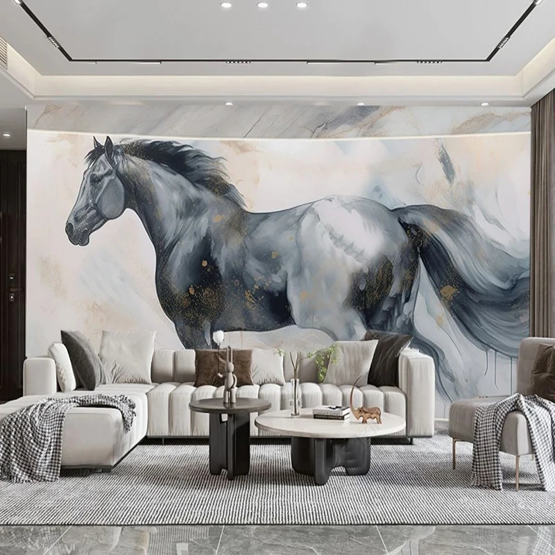 Chinese Ink Marble Horse Wall Photo Mural Wallpaper Living Room Dining Room Modern Personality Home Decor Non-Woven Papel Tapiz