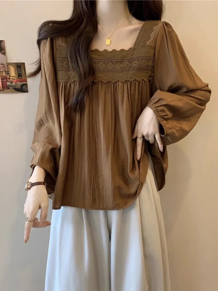 

Women's Long Sve irt Square Collar Puffy Sve Doll Top Crumpled Design Korean Sle Commute Faion Spring Autumn New ...