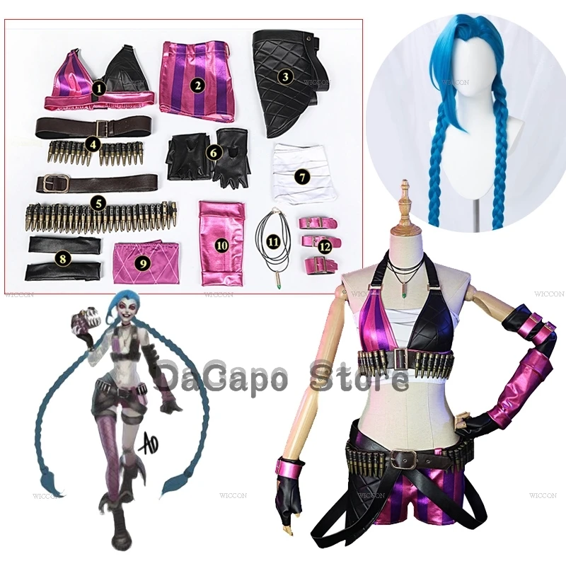 Lol anime jinx roupa cosplay traje peruca jogo jinx roupas de festa de halloween completo halloween cosplay traje shorts