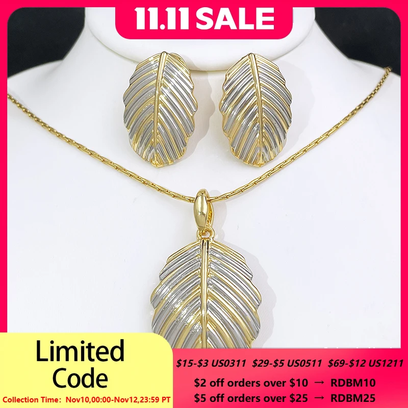 

Women Necklace Earrings Set Plant Leaf Pendant 18k Gold Plated Fashion Jewelry Wedding Party Accessories