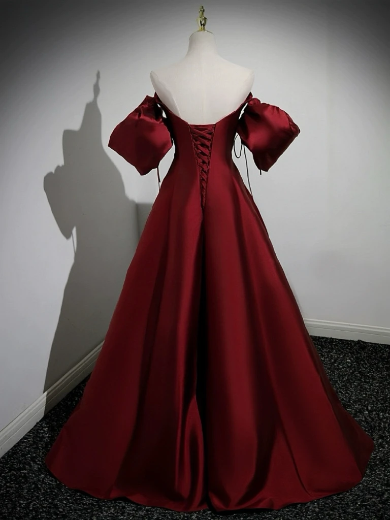 Weinrote A-Linie-Abschlussballkleider, schulterfrei, kurze Puffärmel, Prinzessin, langes Maxikleid, formelle Anlässe, Hochzeit, Abendkleid, Party
