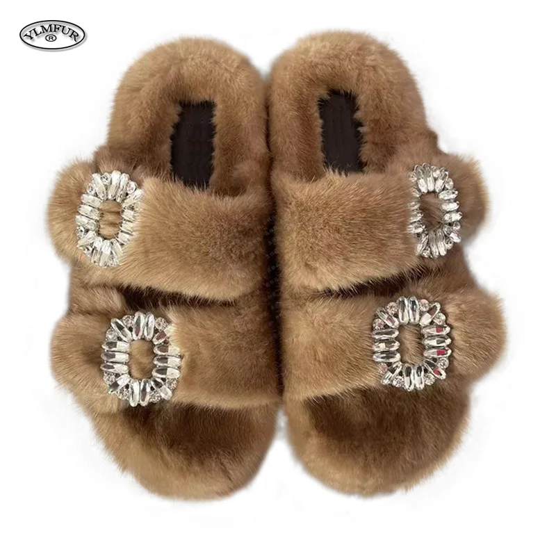 2024 New Women Fur Slippers Shoes Women Warm Winter Crystal Fur Shoes For Women Slippers Casual Plush Comfortable Mink Slippers