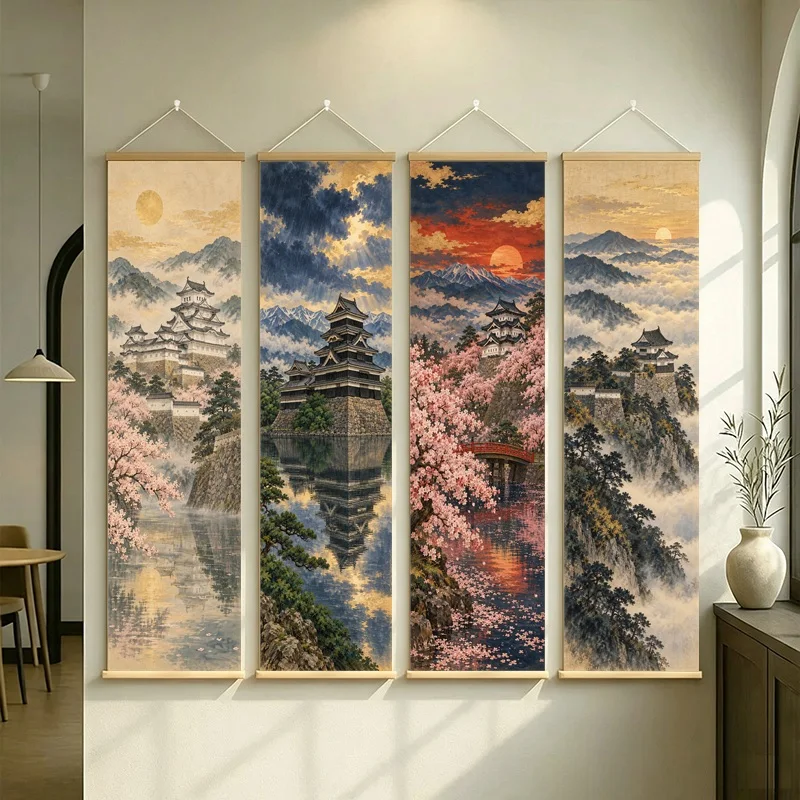 Japanese Wall Art Mountain Pagoda and Soft Blossoms on Silver Shimmer Canvas for an Airy Living Room Interior Decor