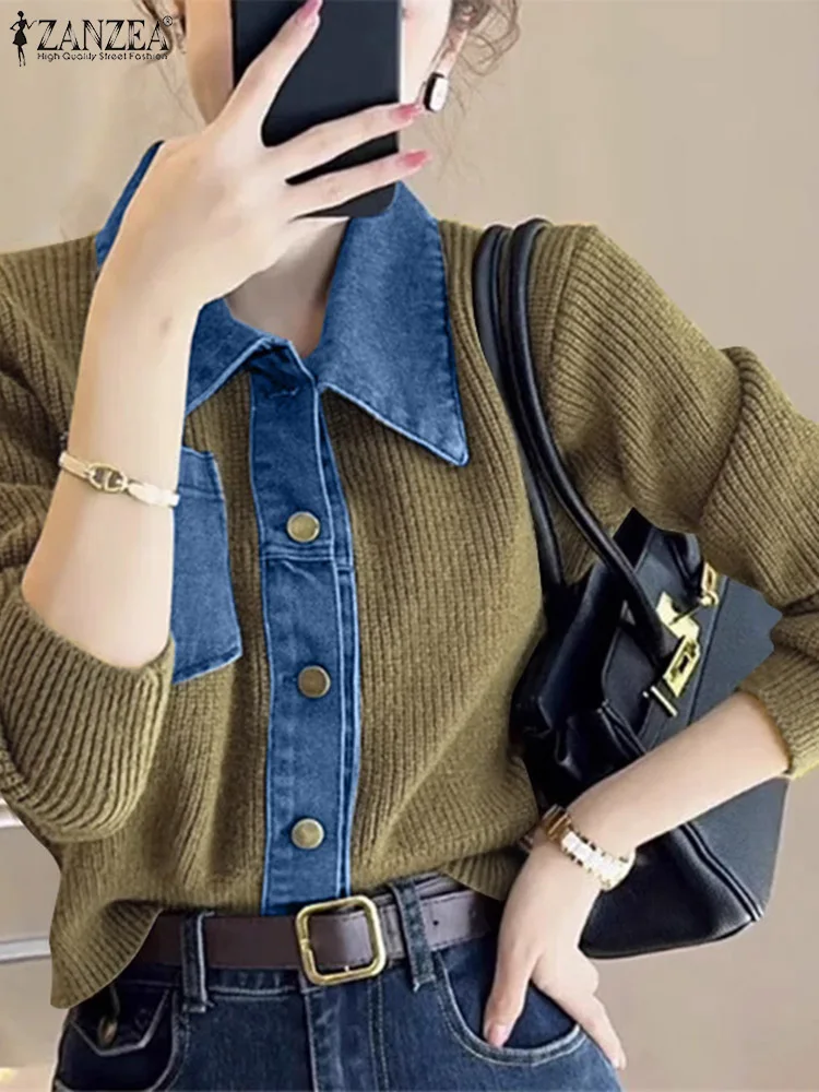 Casual Long Sleeve Tops 2024 Autumn Lapel Collar Outwears ZANZEA Women Denim Splicing Knitted Cardigans Fashion Buttons Sweaters