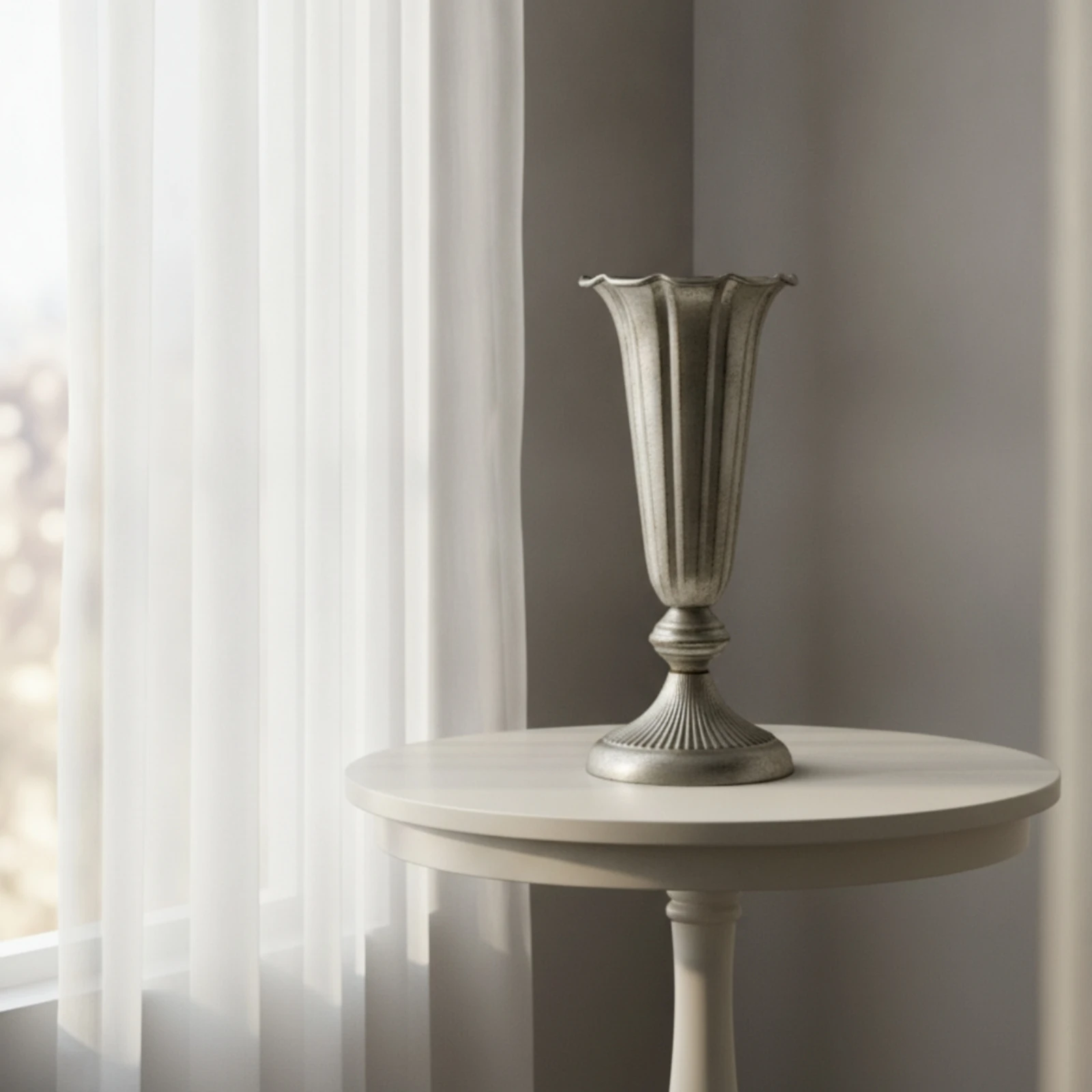 Metal Vase with Scalloped Rim Tall Pedestal Vase Vessel Elegant Rustic for Tabletop, Entryway