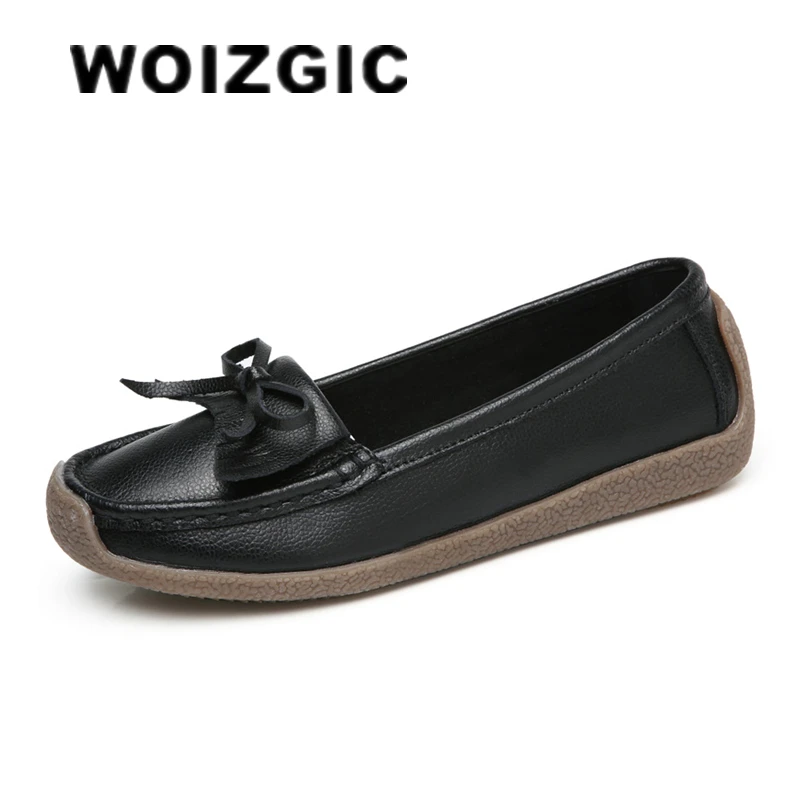 

WOIZGIC Women Mother Old Ladies Female Shoes Flats Loafers Cow Genuine Leather Pigskin Slip On Casual Bow 35-40 JTS-2201