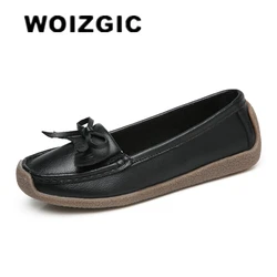 WOIZGIC kobiety matka stare panie buty damskie mieszkania mokasyny krowa prawdziwej skóry świńskiej poślizgu na codzienne z kokardą 35-40 JTS-2201