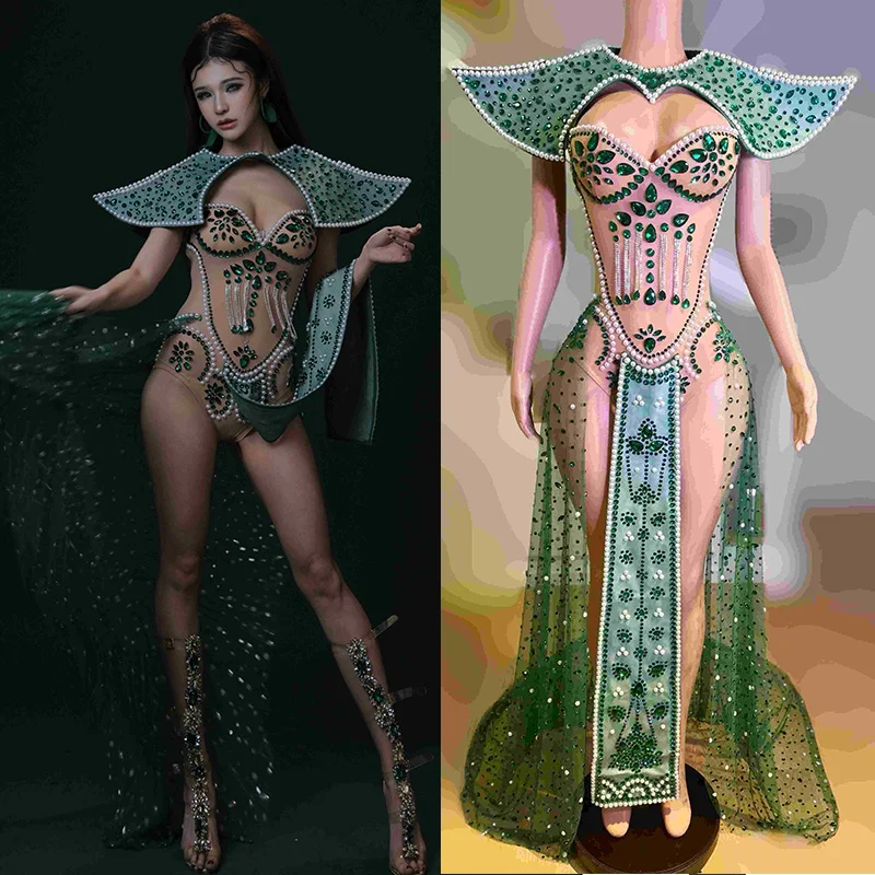 

Gogo Show Stage Clothing Green Rhinestone Bodysuit Sexy Performance Outfit Women Stage Clothes Nightclub Party Rave Wear VDL2686