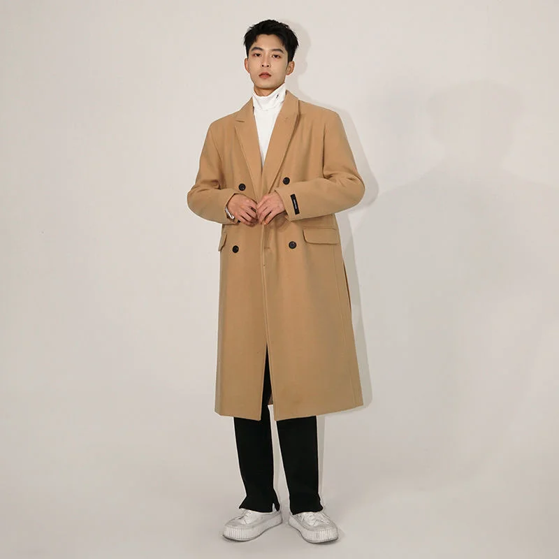 

Double Men's Breasted Woolen Coat New Autumn Winter Thickened British Style Lable Cuff Design Korean Tide Belted Coats