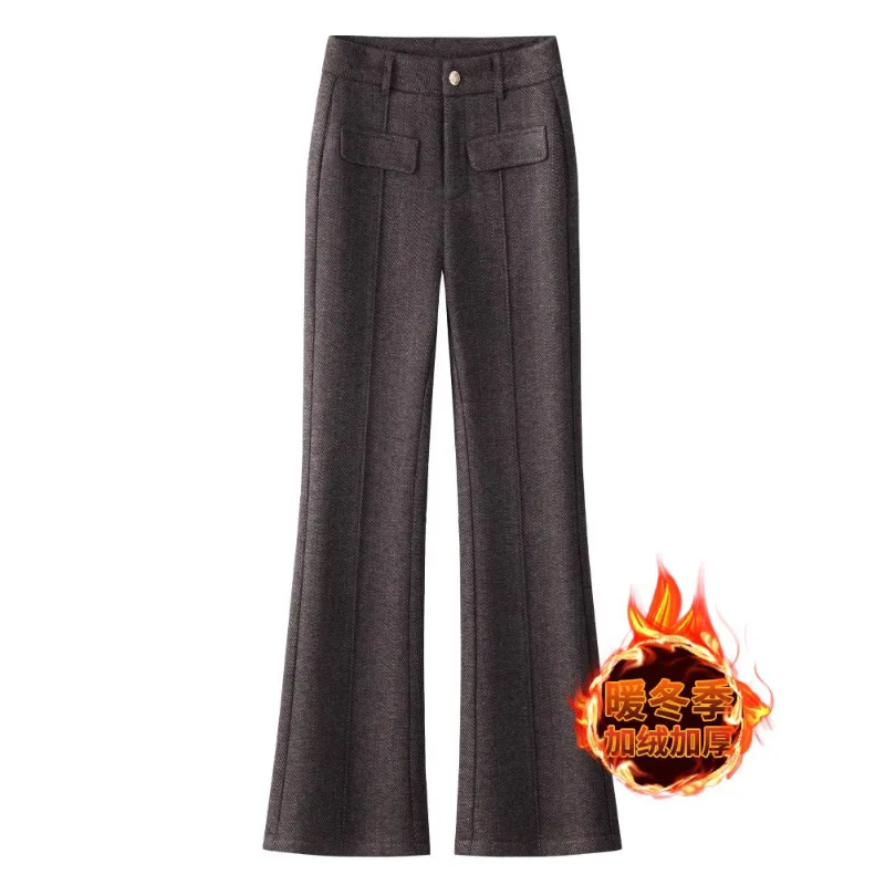 

Brown Fleece-Lined Flared Pants for Women, and Winter, Petite, Elegant, Slim-Fit, Thickened, Slightly Flared Pants