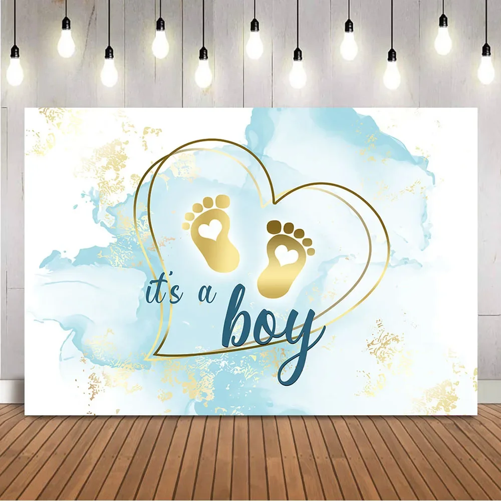 It's a boy ฉากหลัง Golden Little ฟุตเพศเปิดเผยภาพพื้นหลังหินอ่อนสีฟ้าหัวใจ Baby Shower Theme Party ตกแต่ง Props