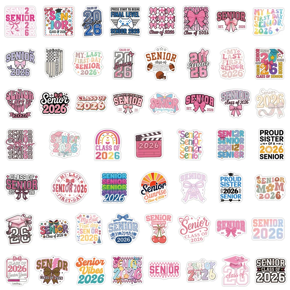 

50PCS Preppy Senior2026 Sticker Happy New Year Cartoon Text Decoration Water Cup Phone Case Luggage Waterproof Stickers Kids Toy