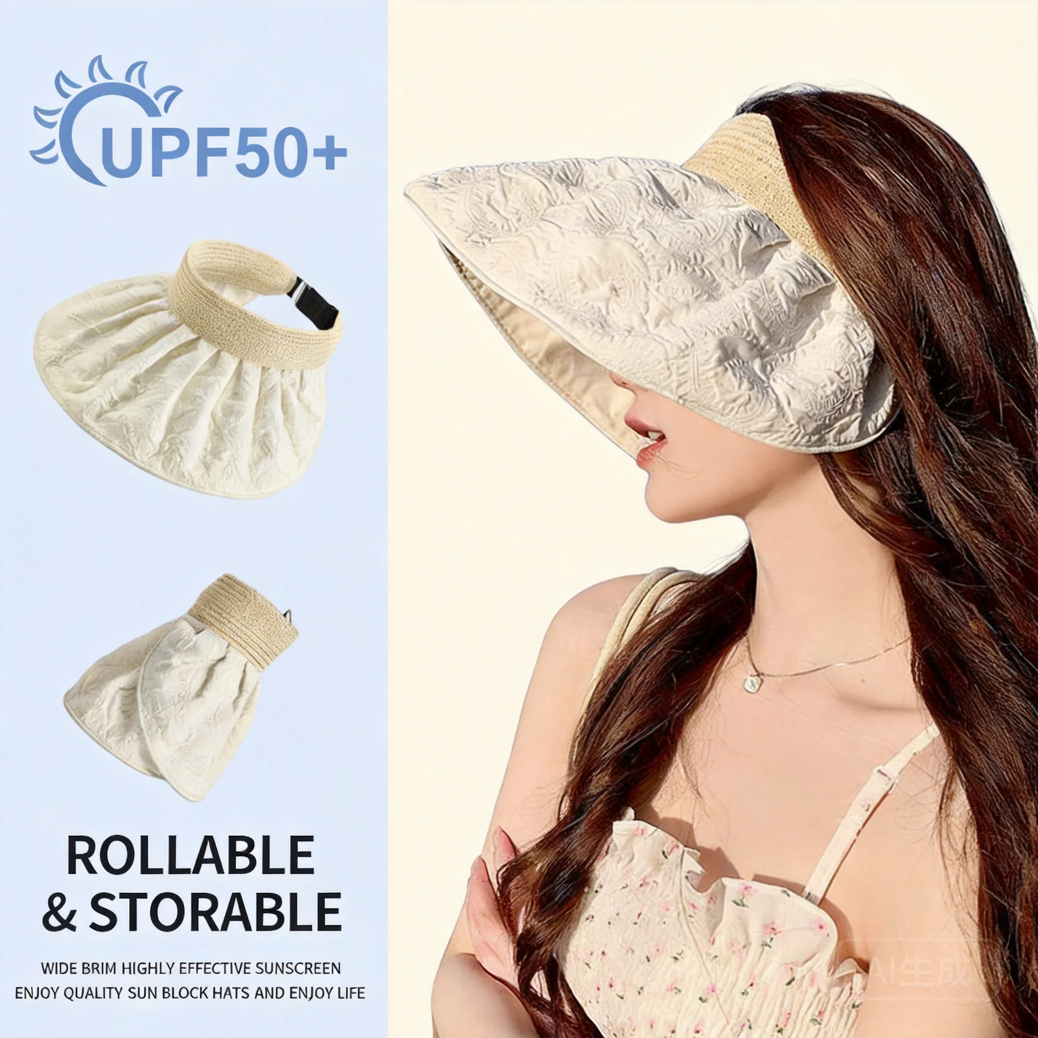 Women Upf 50+ Wide Brim Foldable Sun Hat Uv Resistant Soft Cotton Empty Top Shell Hat Summer Beach Face Cover Portable Sun Cap