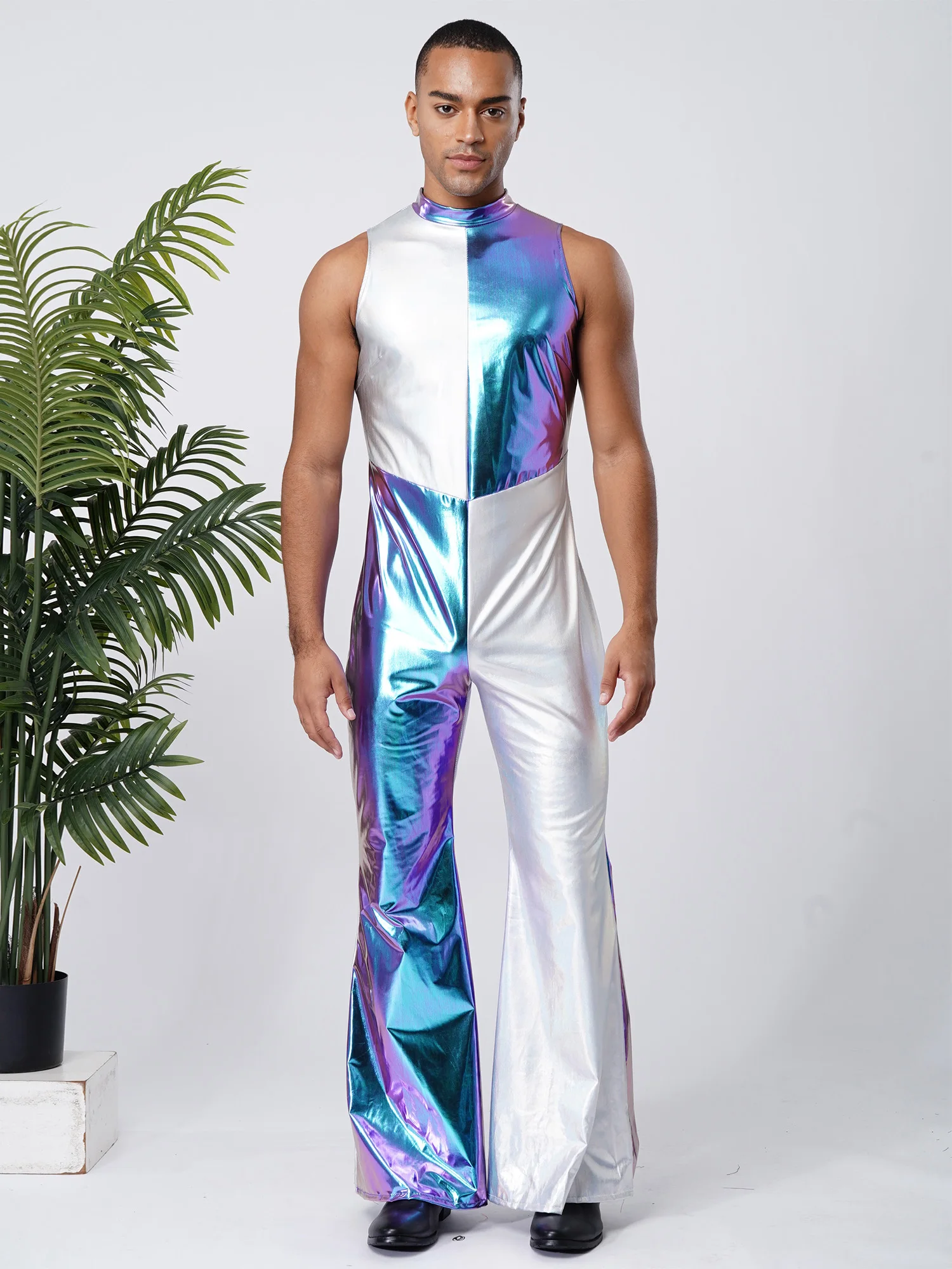 Costume da ballo da discoteca retrò da uomo, completo hippie, senza maniche, color block, tute metalliche, anni '70, anni '80, discoteca dancewear