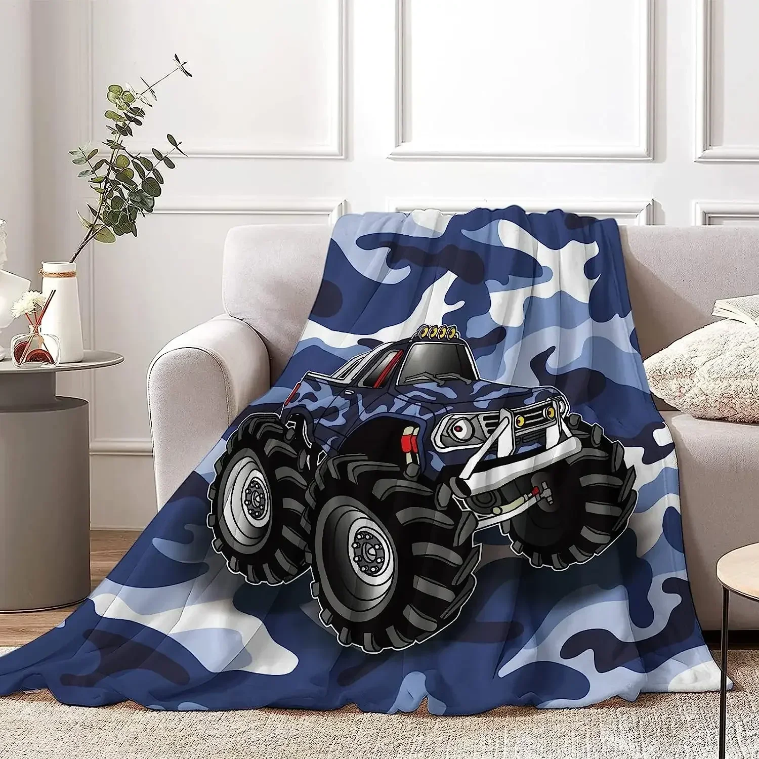 

Камуфляжное синее одеяло с грузовиком для детей, 50 x 60 дюймов, камуфляжное плюшевое одеяло с изображением монстра и грузовика для мальчиков, подарок,