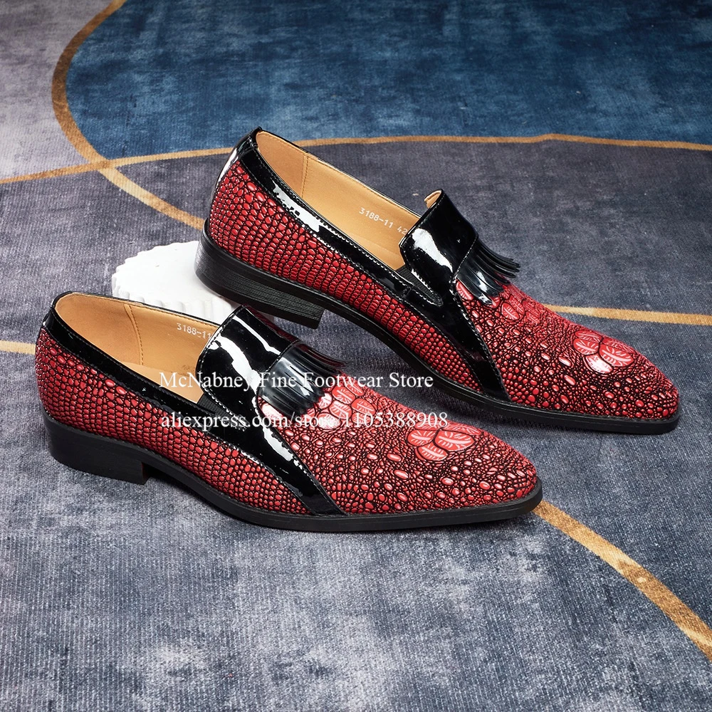 Leather Tassel Loafers Red Snake Skin Slip on Pointed Toe Luxury Handmade Business Wedding Party Formal Dress Shoes for Men