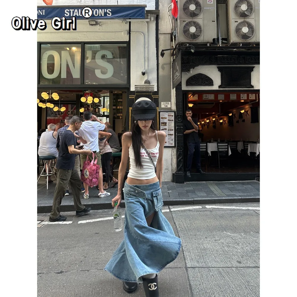 Women Vintage Blue Gothic Low Waist A-line Skirt Summer Y2k Asymmetrical Denim Skirt Harajuku Mid Long Skirts Emo 2000s Clothes