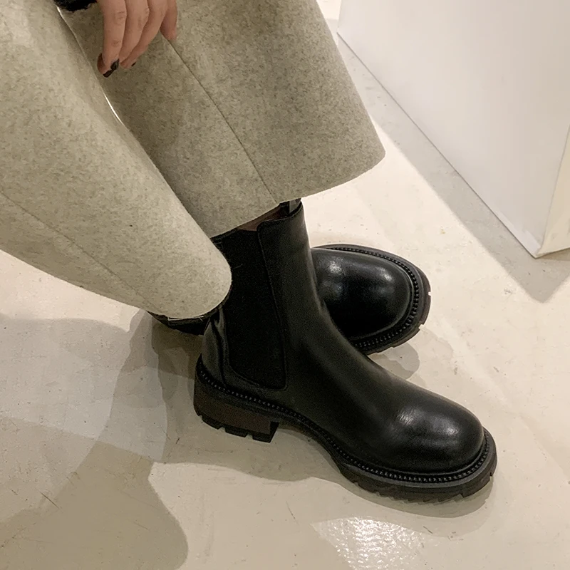 2024 Autumn Women Boots Genuine Leather Platform Heels Chunky Heel Winter Zipper Retro Real Leather Chelsea Boots Women Shoes