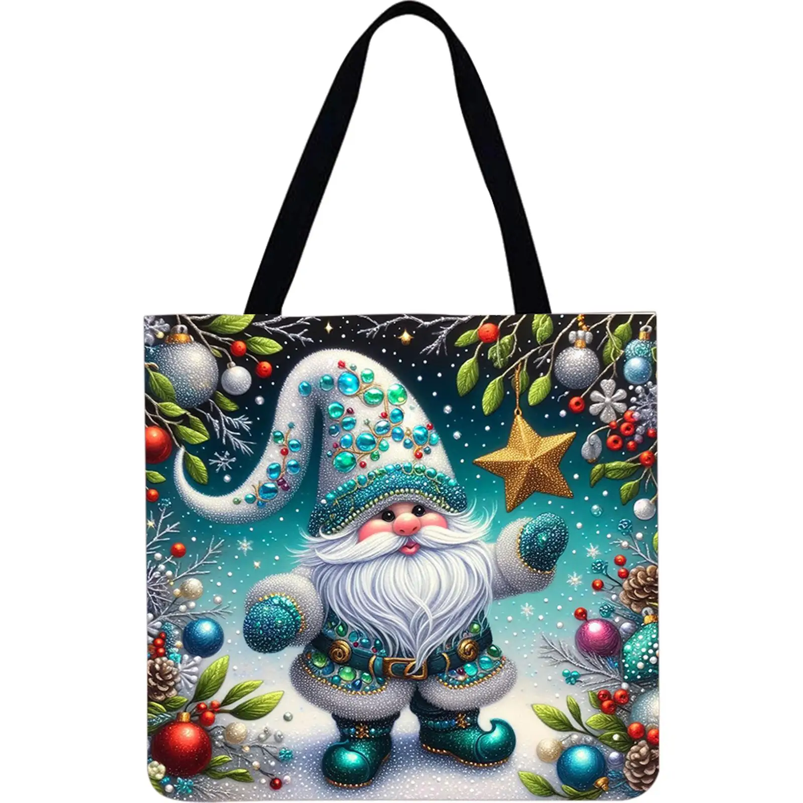 4 قطع عيد الميلاد الكتان حمل حقيبة يد سعة كبيرة المرأة حقيبة كتف للتسوق #5