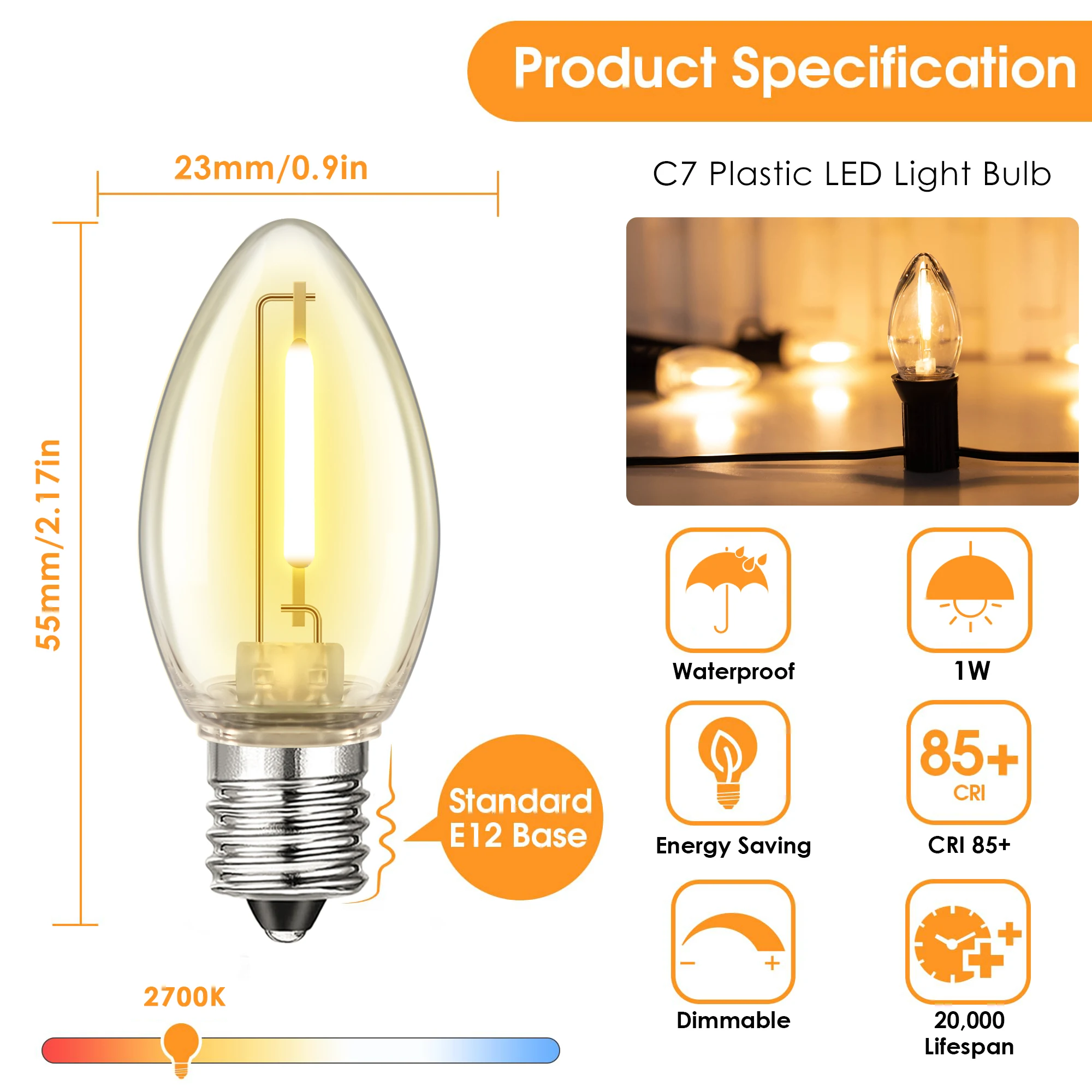 25PCS C7 Shatterproof Led Replace Bulbs For Outdoor String Lights E12 Candelabra Base 1W Equivalent to 7W Plastic Edison Bulbs