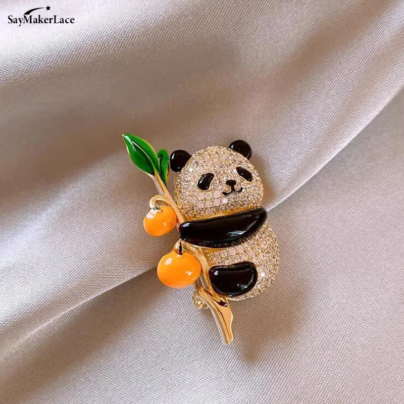 1Pcs Chinese Style Persimmon Ruyi Rhinestone Little Panda Brooches For Women Clothing Coat Accessries Gift