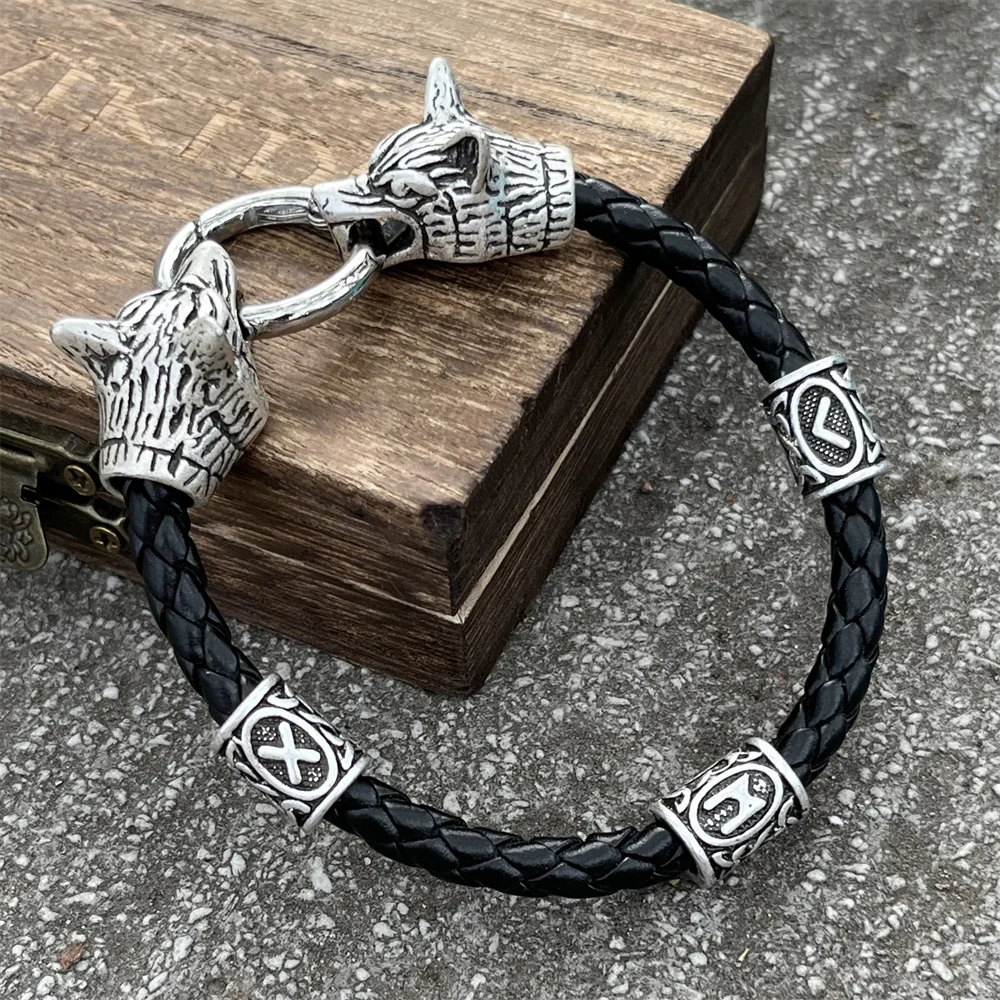 Wolf Heads Norse Mythology Jewelry Runic Beads Viking Bracelet Bangle Men Women Accessories Dropshipping