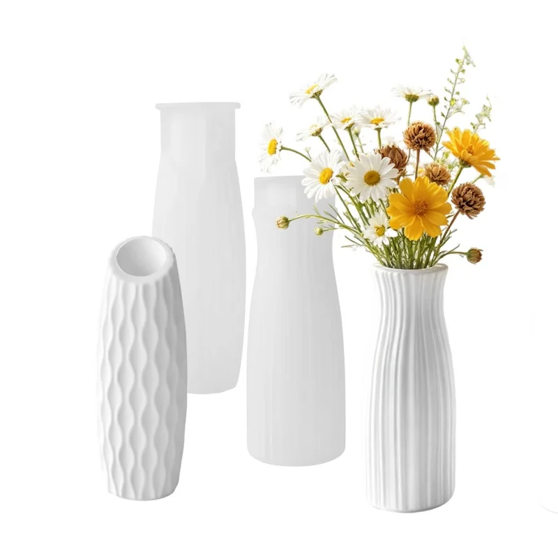 DIY Flat/Bevel Opening Vase Plaster Silicone Mold Handmade Stripe Flower Vase Cement Gypsum Resin Molds Home Decoration Crafts view 5