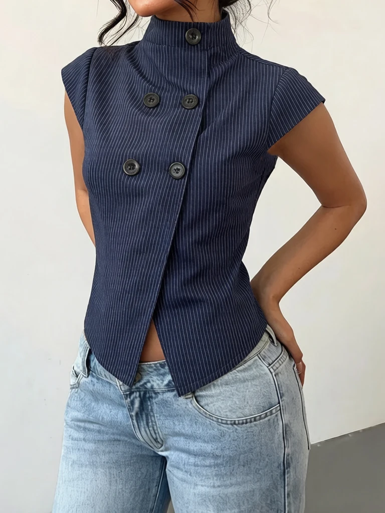 2026 new summer minimalist navy blue fine vertical stripe stand up collar top with double row buttons, trendy and spicy girl ins