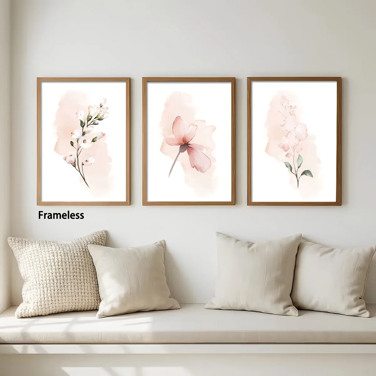 (No frame)2D Flat, 2D Flat, 2D Flat 3pcs Soft Pink Watercolor Flower Wall Art, Romantic Minimalist Botanical 2D Print Canvas
