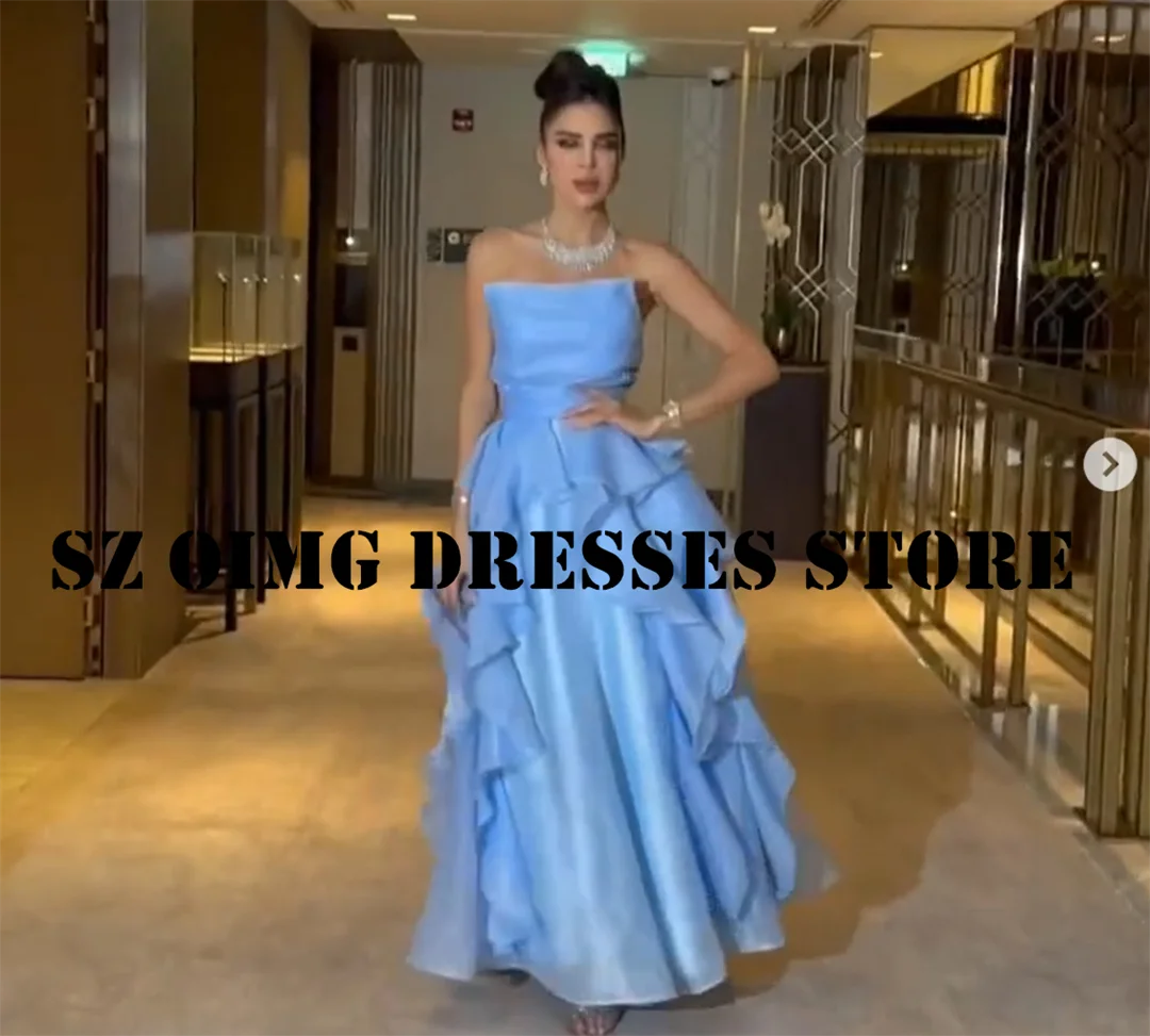 

OIMG New Design Vintage A-Line Tiered Blue Prom Dresses Arabic Women Ruched Organza Strapless Evening Gowns Formal Party Dress