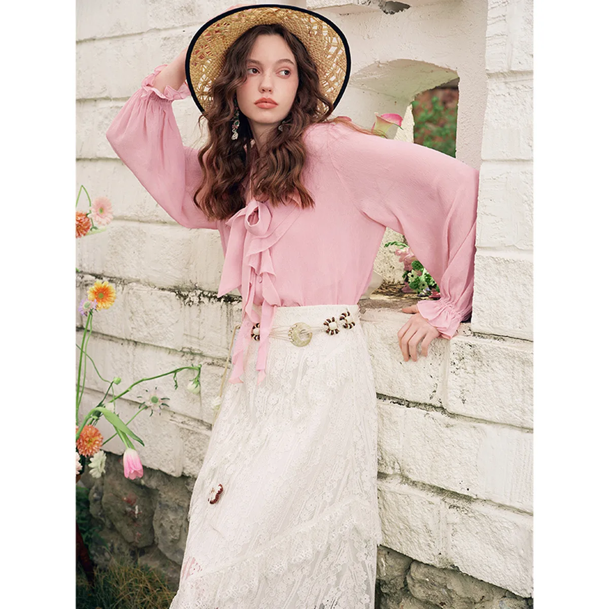 

Dreamy Cloud French Ruffle Tie-Neck Long Sleeve Two-Piece Set for Women