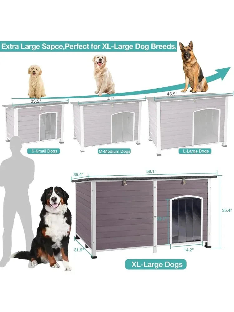 

Dog Kennel with All-Around Iron Frame,Weatherproof Dogs Shelter (Grey, L),59" Extra Large Outdoor Dog House with Insulated Liner