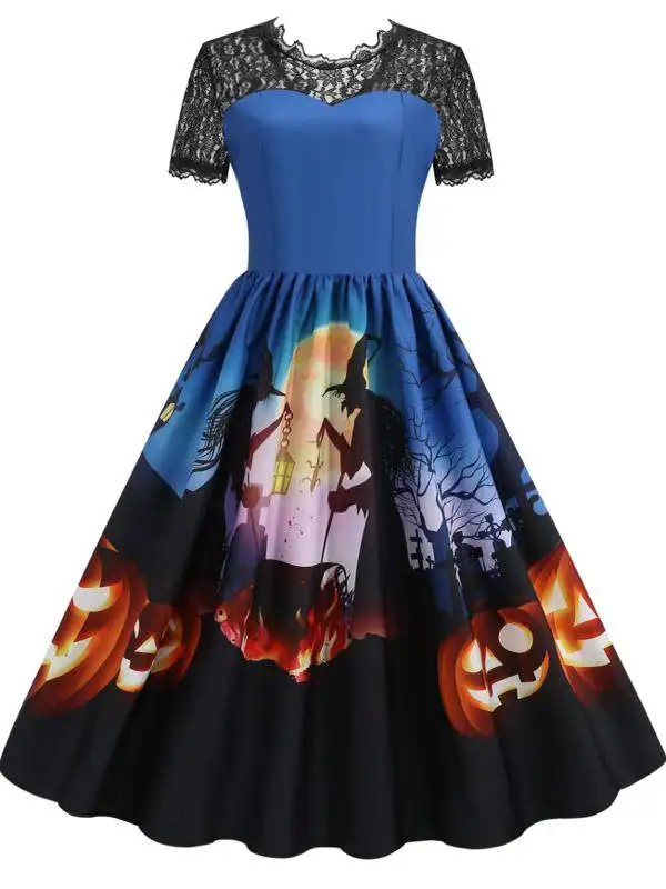 Rua sle loween par abóbora impressão a linha renda emenda fino ort sve maxi dr vestido feminino faion outono wear