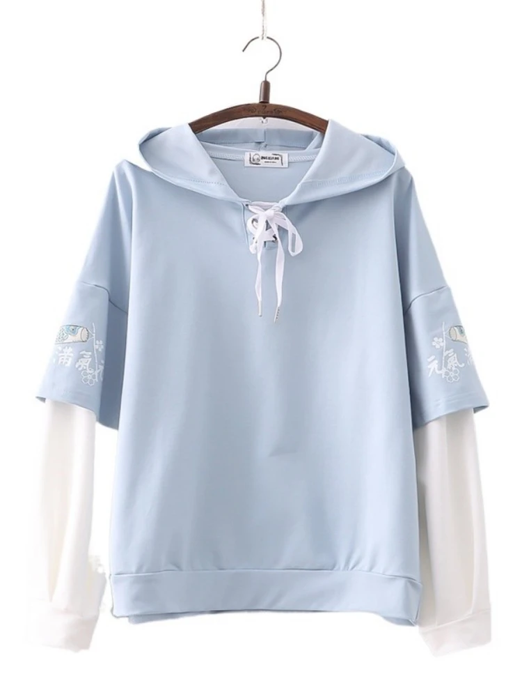 Fleece gefälschte zweiteilige Frauen Hoodies Harajuku Print Kawaii Patchwork Kapuzen pullover 2023