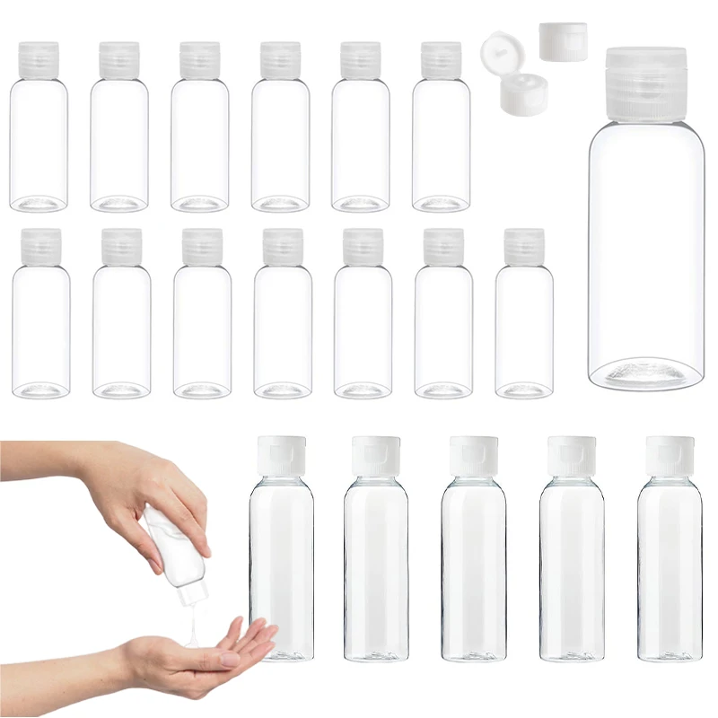 50PCS Plastic Clamshell Squeeze Bottles Clear Refillable 5ml-100ml Containers Suitable for Shampoo Lotion Liquid Bath Face Cream