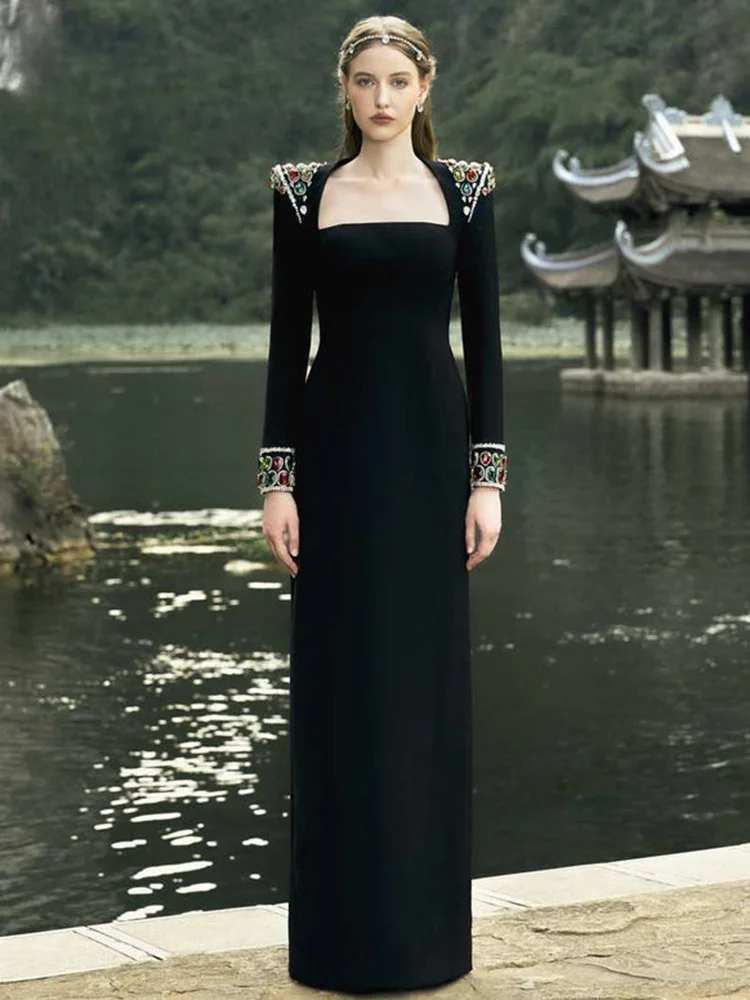 

2024 Elegant Dresses for Women Long Sleeves Black Bandage Bodycon Gown Colorful Crystal Evening Party Dress New