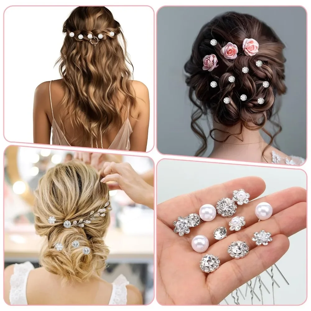 40 Pcs Pearl and Rhinestone Bridal Hair Pins, Wedding Pearl Hair Pins U Shape Rhinestone Flower Hairpins Silver Hairs Jewelry