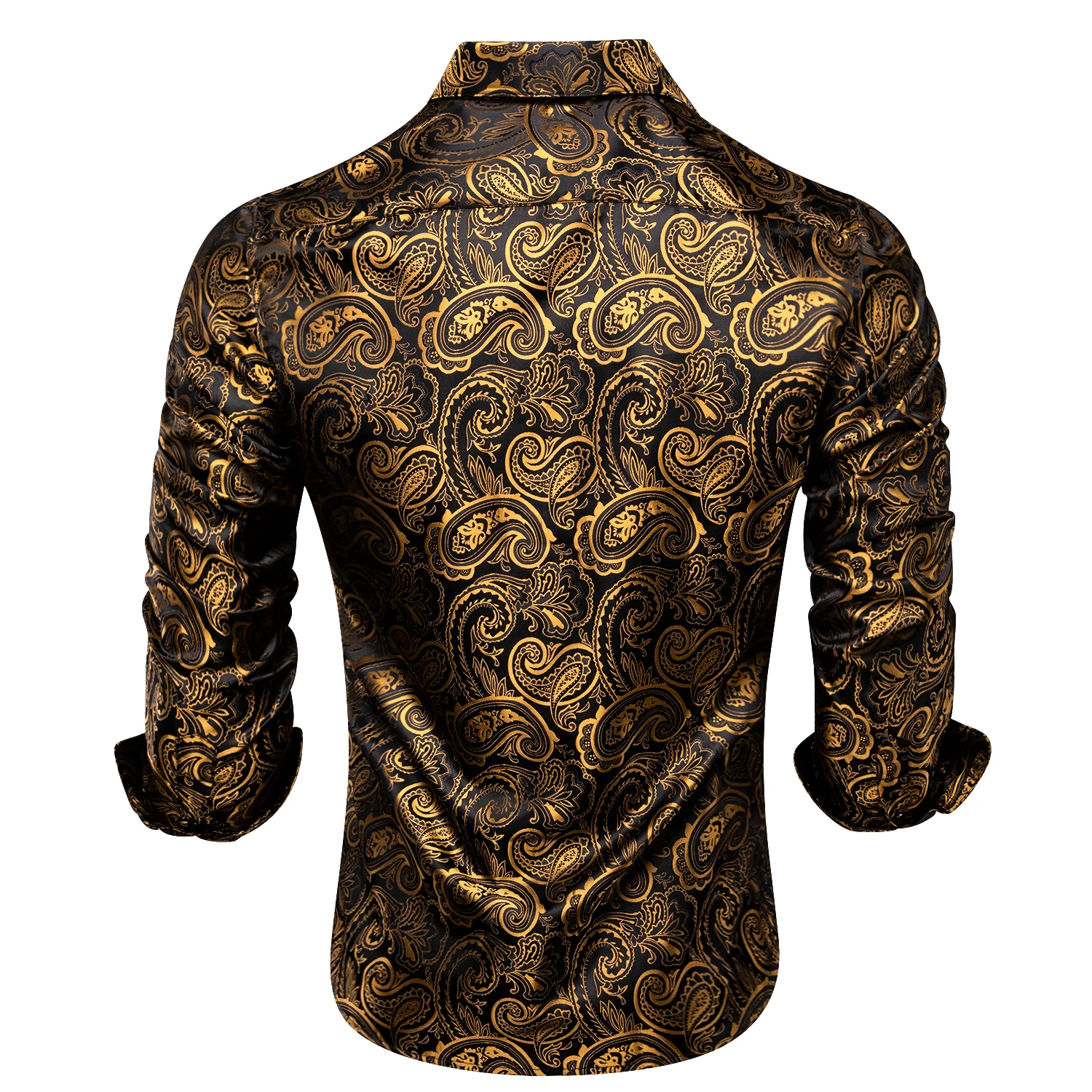 Hi-Tie Silk Mens Shirts Black Gold Long Sleeve Slim Fit Paisley Lapel Brooch Shirt For Male Business Wedding Party Gift Designer